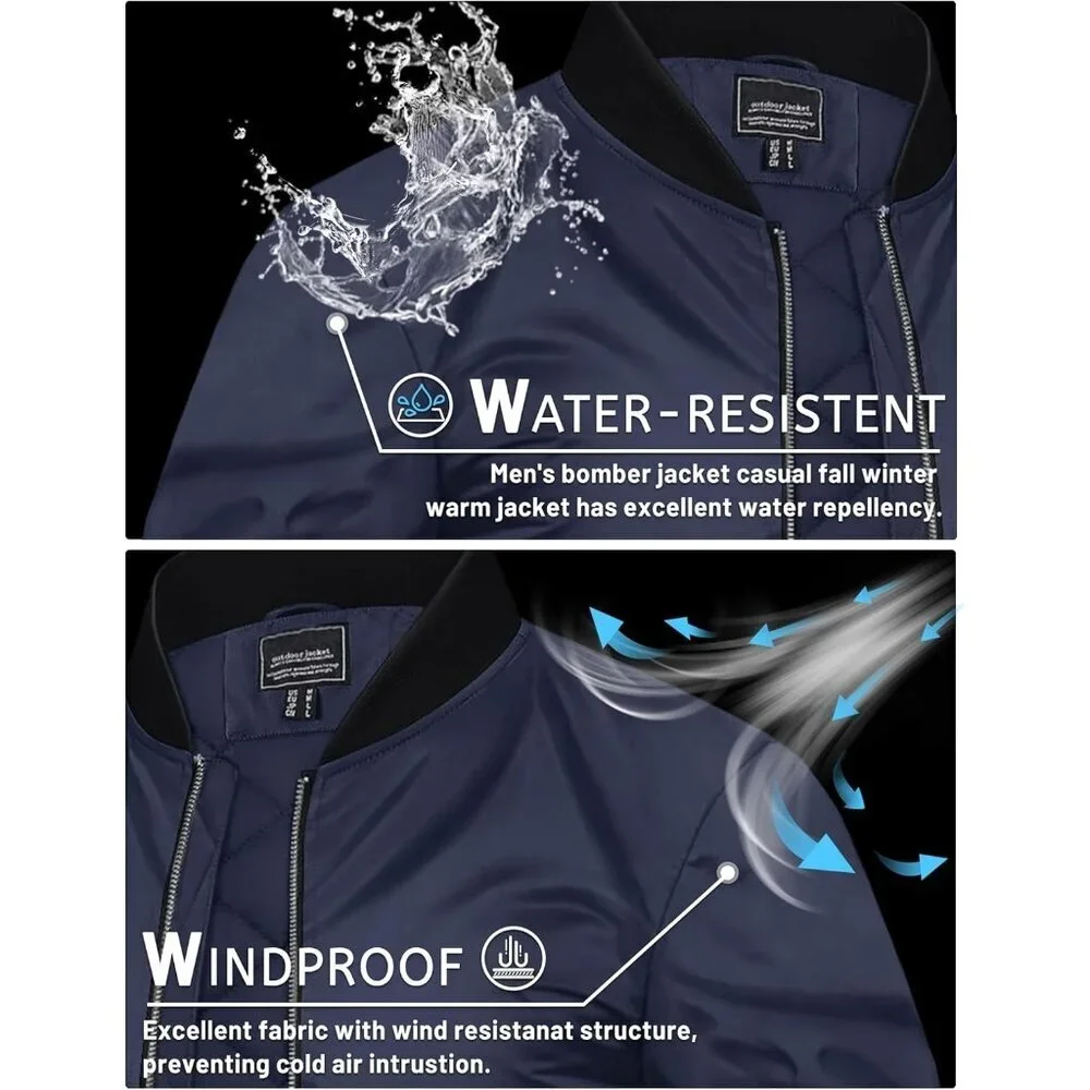 Men's Navy Zipper Spring Windproof Water Resistant Winter Warm Bomber Jacket - Picture 4 of 7